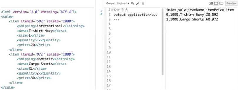 What DataWeave expression transforms the example XML input to the CSV Sns-Brigh10